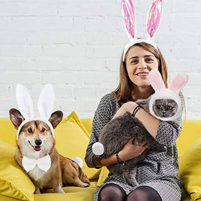 Weewooday 3 Set Dog Bunny Ears Easter Costume, Dog Headband Cat Rabbit Ear Hat Cute Pet Bow Collar Puppy Tail for Pet Easter Party Costume Accessories Supplies(Vivid)