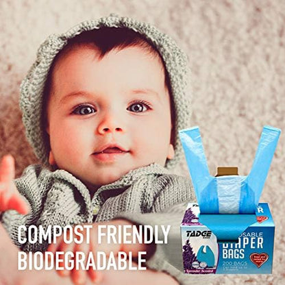 Baby Disposable Diaper Bags Scented with Lavender - Odor Absorber Biodegradable Plastic Diaper Sacks for Trash Bag Essential Items - Bags for Dirty Diapers - Refill 200 Count (Blue)