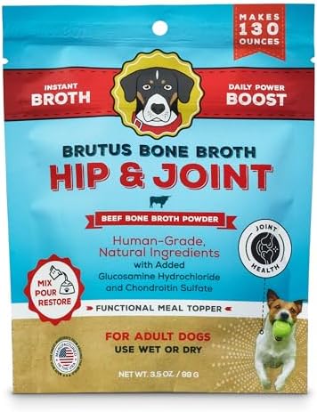 Brutus Broth Dog Food Topper - Instant Bone Broth Powder for Adult Dogs - Supports Hip and Joint Function - Human-Grade Quality, Serve Dry or Wet - Beef Flavor, 3.5 oz (Pack of 1)