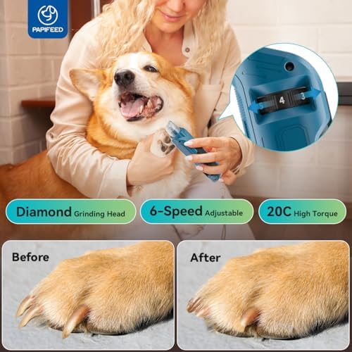 PAPIFFEED 6 Speed Pet Nail Grinder with Dual LED Lights, Rechargeable Dog Nail Trimmer with Dust Proof Cover, Type-C Charging Powerful Torque Pet Nail Clipper for Small Medium Large Dogs Cats(Blue)