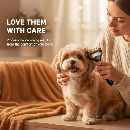 Dematting Comb for Dogs and Cats, Undercoat Rake Pet Brush for Long Hair, Deshedding Dog Brush Removes Tangles Knots and Loose Fur, Grooming Tool for Thick Coats (Blue M*2)
