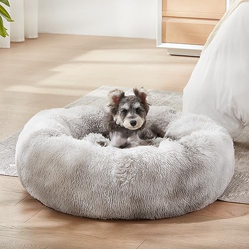 Western Home Calming Donut Small Medium Pet Dog Bed Washable,27" White Grey