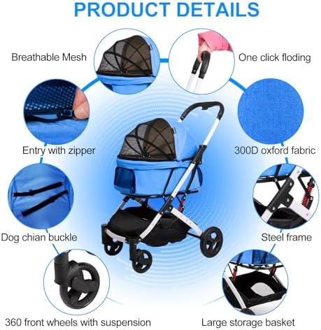 Pet Stroller for Small Dogs and Cats, 33 lb, One-Hand Fold, Blue