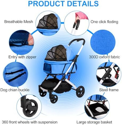 Pet Stroller for Small Dogs and Cats, 33 lb, One-Hand Fold, Blue