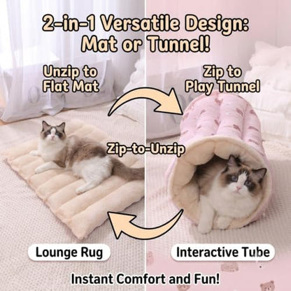 2-in-1 Cat Tunnel Bed Detachable Cat Mat Washable Kitten Play Tube & Rug (Purple, M)