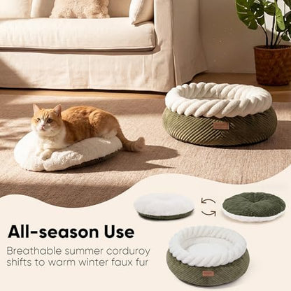 FUKUMARU Cute Round Cat Bed, Calming Donut Small Dog Beds, Washable