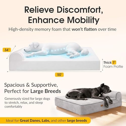 KOPEKS Orthopedic Memory Foam Dog Bed 7" Inch Thick Extra Large Dog Bed With Pillow Grey 50"x34"x10" Includes Waterproof Liner & Durable Removable Cover With Smart Design