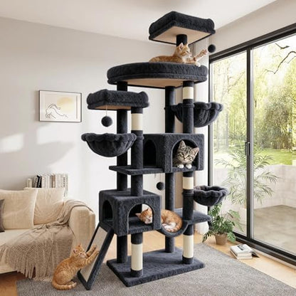 SHA CERLIN 82 inch Cat Tree Tower, Multi-Level Cat Condo with Plush Perches, Sisal Scratching Posts, Hammock and Toys, Stable Cat Tower for Kittens and Adult Cats, Dark Grey