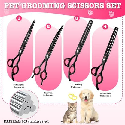 Dream Reach Dog Grooming Scissors - 7" Professional 6 in 1 Sharp Dog Shears Set Thinning, Chunker, Straight, Curved Shears and Comb for Dog Cat Pet, Pink
