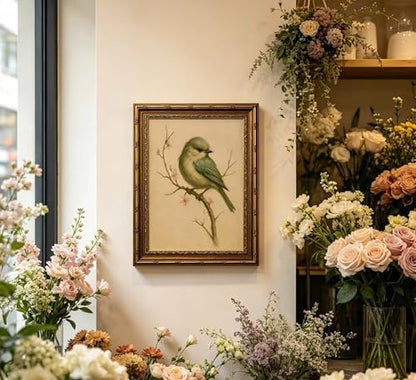 Vintage Gold Framed Bird Wall Art, Watercolor Spring Cherry Blossom Canvas Print, Antique Neutral Floral Wall Decor, Retro Cottagecore Picture Poster Artwork for Nursery Bedroom Living Room