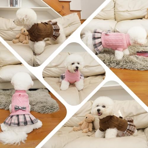 YUDODO Small Dog Sweater Dress with Bowtie Turtleneck - Knitted Pet Clothes