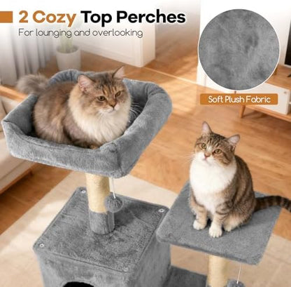 DORTALA 75" Tall Modern Cat Tree, Multi-Level Cat Tower with Large Condos, Sisal Scratching Posts, Top Perch, Hammock, Dangling Balls, Kitten Beds & Climbing Furniture for Indoor Cats (Light Grey)