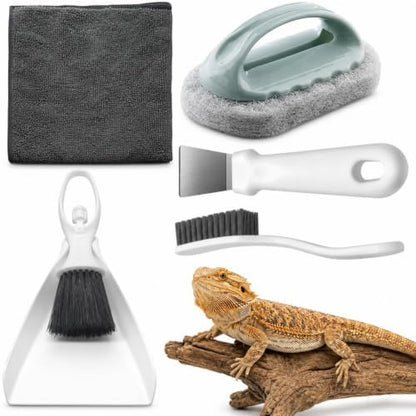 Bearded Dragon Tank Cleaning Kit, Reptile Enclosure Cleaning Set with Mini Dustpan, Brush, Scraper & Cleaning Cloth, Small Reptile Cleaning Accessories for Lizard, Gecko, Hedgehog Glass Terrarium