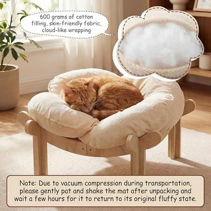 22x22x13 Inch Elevated Flower Cat Bed Wooden with Fluffy Cushion, Pet Couch Sofa for Indoor Cats, Raised Kitty Lounge Chair Suitable for Puppy, Cat Furniture Living Room Bedroom