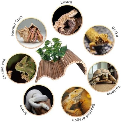 Reptile Hide Bearded Dragon Tank Accessories Large Climbing Wooden Bridge Hideout Tortoise Basking Platform Ramp Decor for Snake Lizard Ball Python Tortoise Leopard Gecko
