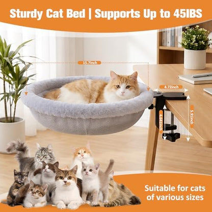 Cat Desk Bed Clamp On, 360 Swivel Faux Fur Perch, Gray