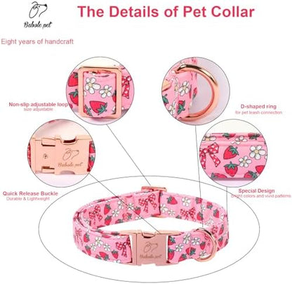 Strawberry Bow Dog Collar, Spring/Summer Pink Girl Dog Collars, Adjustable Heavy Duty Girly Female Dogs Collars for Small Medium Large Dogs with Metal Buckle M