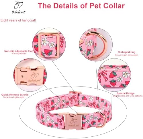 Strawberry Bow Dog Collar, Spring/Summer Pink Girl Dog Collars, Adjustable Heavy Duty Girly Female Dogs Collars for Small Medium Large Dogs with Metal Buckle XS
