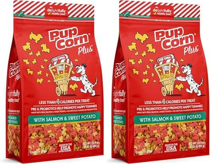 Pup Corn Plus - Puffed Dog Treats with Prebiotics and Probiotics - Salmon & Sweet Potato (24oz) - Made in USA (Pack of 2)