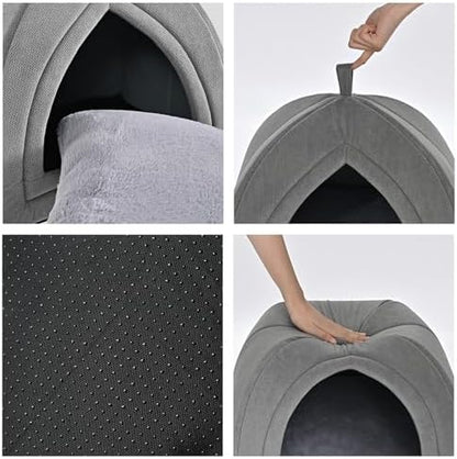 Amazon Basics Cat Cave Bed, 2-in-1 Foldable House for Indoor Cats, with Washable Cushion and Non-Slip Base, 15 x 15 Inches, Small, LightGray