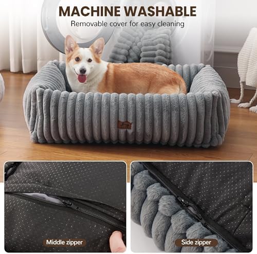 Dog Bed Medium Size Dog, Rectangle Orthopedic Pet Bed for Car and Indoor, Comfort Fluffy Memory Foam Dog Beds with Anti-Slip Bottom,Grey(30x24x8 inches)