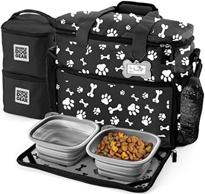 Week Away Dog Travel Bag (15"x7"x14", Paw Print) - Includes 2 Pet Food Storage Containers + 2 Collapsible Dog Water Bowls - Airline Approved Travel Accessories, Great for Weekend Trips