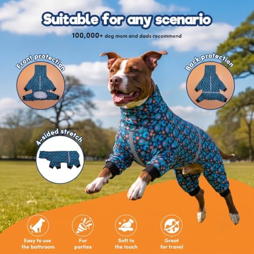LovinPet PJS Dog Jumpsuit, Wound Care/Surgical Recovery Dog Pajamas, Anxiety Relief Shirt, Pitbull Clothes, Pajamas for Pitbulls, Reflective Stripe Green Bubble Print, Green, XL