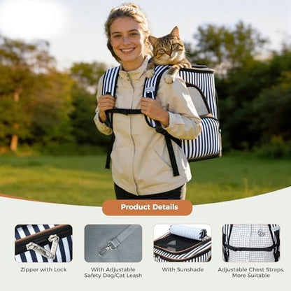 Lekereise Large Cat Backpack Carrier Expandable Pet Carrier Backpack for Small Dogs Medium Cats Fit Up to 18 Lbs, Foldable Puppy Backpack Carrier for Travel, Hiking, Striped