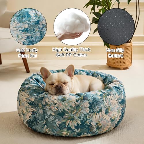 Dog Calming Beds for Small Medium Large Dogs - Round Donut Washable Puppy Dog Bed, Anti-Slip Faux Fur Fluffy Donut Cuddle Anxiety Cat Pet Bed (24" Flower)