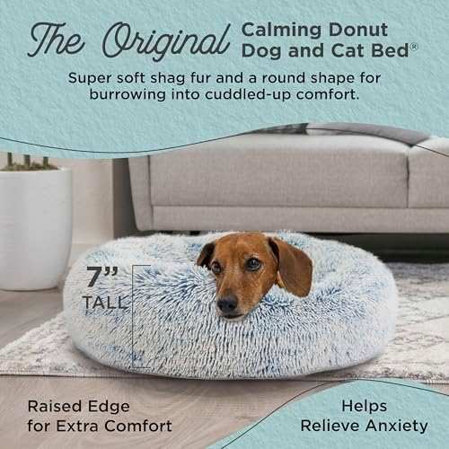 Best Friends by Sheri The Original Calming Donut Dog Bed for Small Dogs up to 25 lbs, Shag Faux Fur, Denim Blue, 23" x 23"