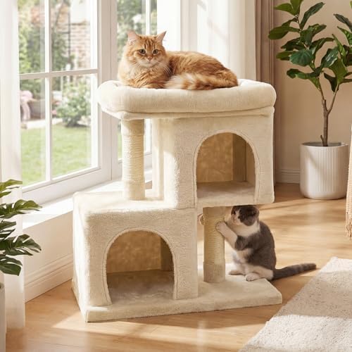 DORTALA Cat Tree for Indoor Adult Cats & Kittens, 25.5" Modern Cat Tower with 2 Condos, Top Perch, 3 Caves, Sisal Scratching Post, Pet Climbing Furniture Activity Center (Beige)