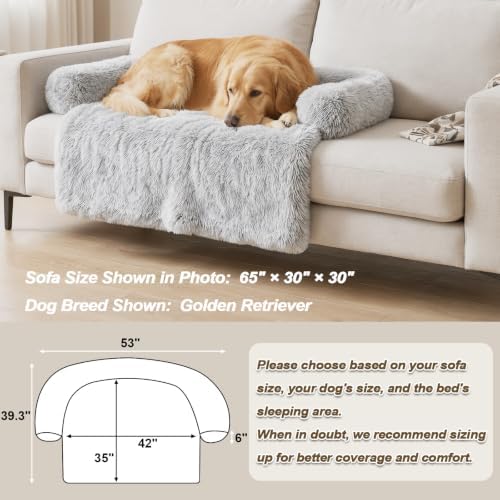 Calming Dog Bed Fluffy Plush Dog Mat for Furniture Protector with Removable Washable Cover for Large Medium Small Dogs and Cats (Extra Large (53x39.3x6), Light Grey)
