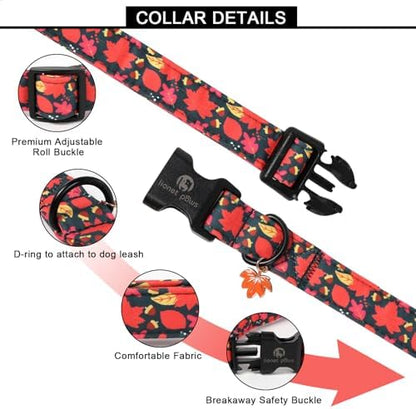 Lionet Paws Fall Dog Collar- Cute Red Leaves Green Dog Collars with Plastic Buckle and Leaf Pendant, Light Adjustable Dog Collars for Small Medium Dogs