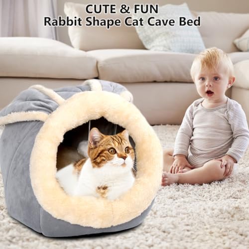 Cat Beds for Indoor Cats-Rabbit-Shaped Cat Cave Bed with Hanging Toy,Grey L