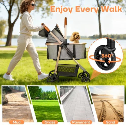 Dog Cat Stroller for Small/Medium Pets, 50 lbs, 3-in-1 Pet Stroller, Grey