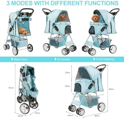 4-Wheel Pet Stroller for Small Dogs and Cats, Up to 33 lb, Blue