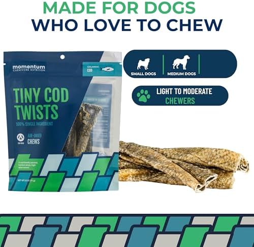 Momentum Carnivore Nutrition Tiny Cod Twists Dog Chews – Single Ingredient Icelandic Cod Skin Treats – Natural Dental Support, High-Protein Fish Chews – 3.1 oz Bag