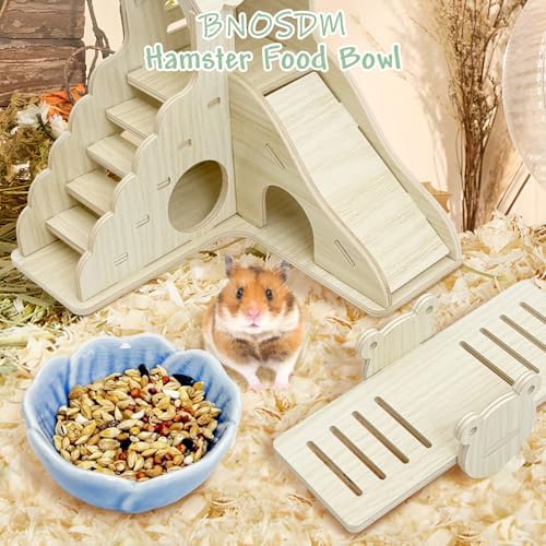 BNOSDM 2 Pcs Hamster Ceramic Food Bowl Flower Series Gerbil Drinking Bowls Anti-Turning Food & Water Dish for Dwarf Syrian Hamsters Gerbil Chinchilla（Blue, Narcissus Pattern）