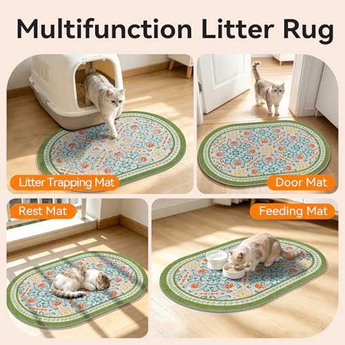 Cat Litter Mat,40"x30" High Density PVC Litter Trapping Mat, Non-Slip, Waterproof & Urine-Proof Litters Catcher Mats, Keep Floor Clean, Soft on Kitten Paws, Cat Essentials Bean Green