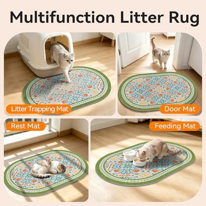 Cat Litter Mat,40"x30" High Density PVC Litter Trapping Mat, Non-Slip, Waterproof & Urine-Proof Litters Catcher Mats, Keep Floor Clean, Soft on Kitten Paws, Cat Essentials Bean Green