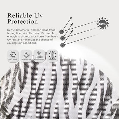 Harrison Howard All Round Mesh Horse Fly Mask UV Protective with Fleece Padded Edging and Fun Prints Forelock Opening Design Mask for Horse Zebra Medium