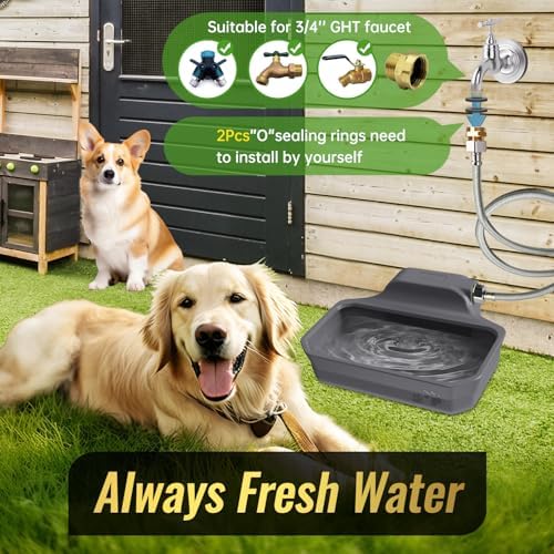 FICUSWIN 135OZ Automatic Water Dispenser for Large Dogs Patented Outdoor Dog Water Bowl Dispenser Automatic Dog Feeder Fit 3/4'' GHT Faucet Dog Waterer Include Water Hose Extra-Large Drinking Area