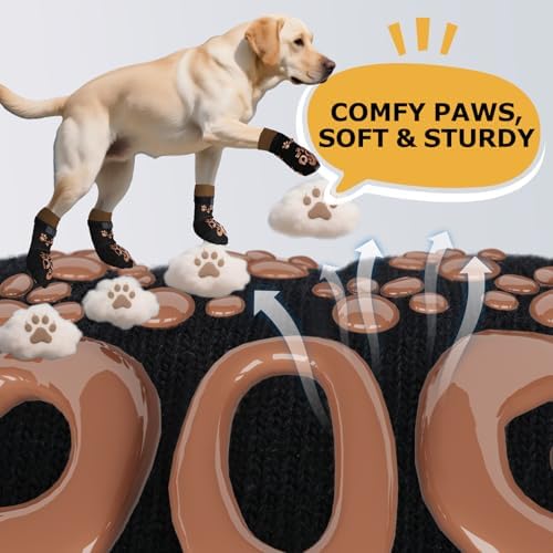 Socks for Dogs to Prevent Licking - Double Side Dog Booties for Hardwood Floors, Dog Booties and Paw Protectors, No Twist Dogs Socks for Hot Pavement, Black and Caramel, XXL