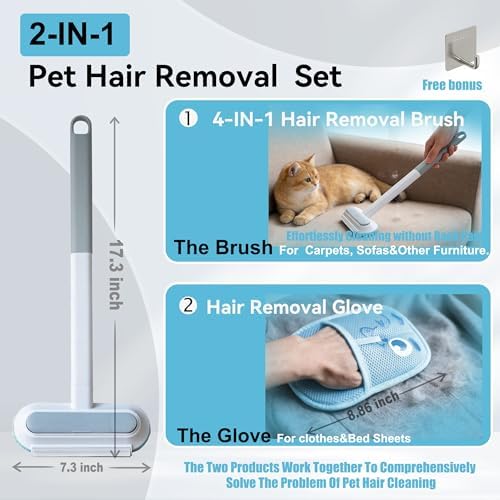 Magic Pet Hair Remover Brush Set for Dogs & Cats, 4-in-1 Hair Removal Tool, Hair Glove, Metal Hook for Furniture, Couch & Car Seats