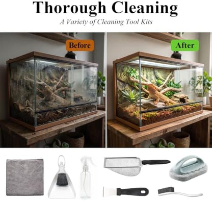 7-in-1 Reptile Tank Cleaning Kit, Complete Terrarium Enclosure Tool Set with Mini Dustpan, Brush, Scraper, Sand Sifter, Spray Pot, Cloth & Sponge, Bearded Dragon Accessories