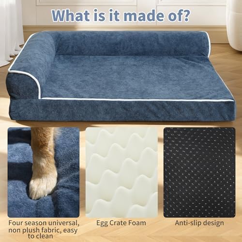 Orthopedic Dog Bed with Pillow L-Shape Dog Sofa for Large Medium Dogs, Dogs Couch with Removable Washable Cover, Pet Bed with Nonskid Bottom(Blue, Large(36x27in))