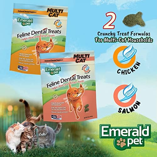 Emerald Pet Grain Free Cat Dental Treats – Crunchy Salmon Cat Treats to Clean Teeth, Reduce Plaque & Tartar, and Freshen Breath – Natural Feline Dental Care, 32 oz