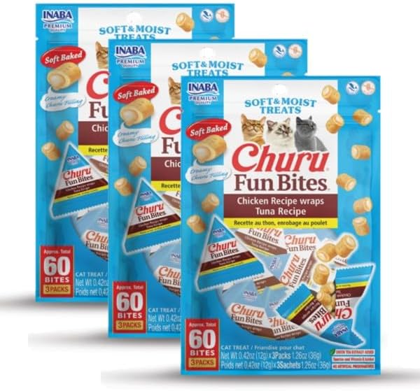 INABA Churu Fun Bites for Cats, Soft & Chewy Baked Chicken Wrapped Filled Cat Treats with Taurine, 0.42 Ounces Each Tetra, 9 Tetras (3 per Bag), Tuna Recipe