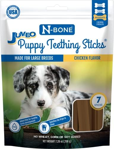 N-Bone Jumbo Puppy Teething Sticks, Chicken Flavor, Natural Puppy Chew Sticks for Growing Puppies, SQF Certified, Made with Rice Flour for Easy Digestion, Calcium Enriched, 7 ct. Pouch (7.3oz)