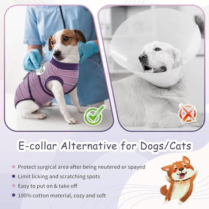 Kuoser Dog Surgery Recovery Suit, Soft Breathable Dog Recovery Suit for Female Spay Male Nueuter, Anti Licking Puppy Onesie Pet Surgical Suit for Dogs Abdominal Wounds Skin Disease, Purple Strips M